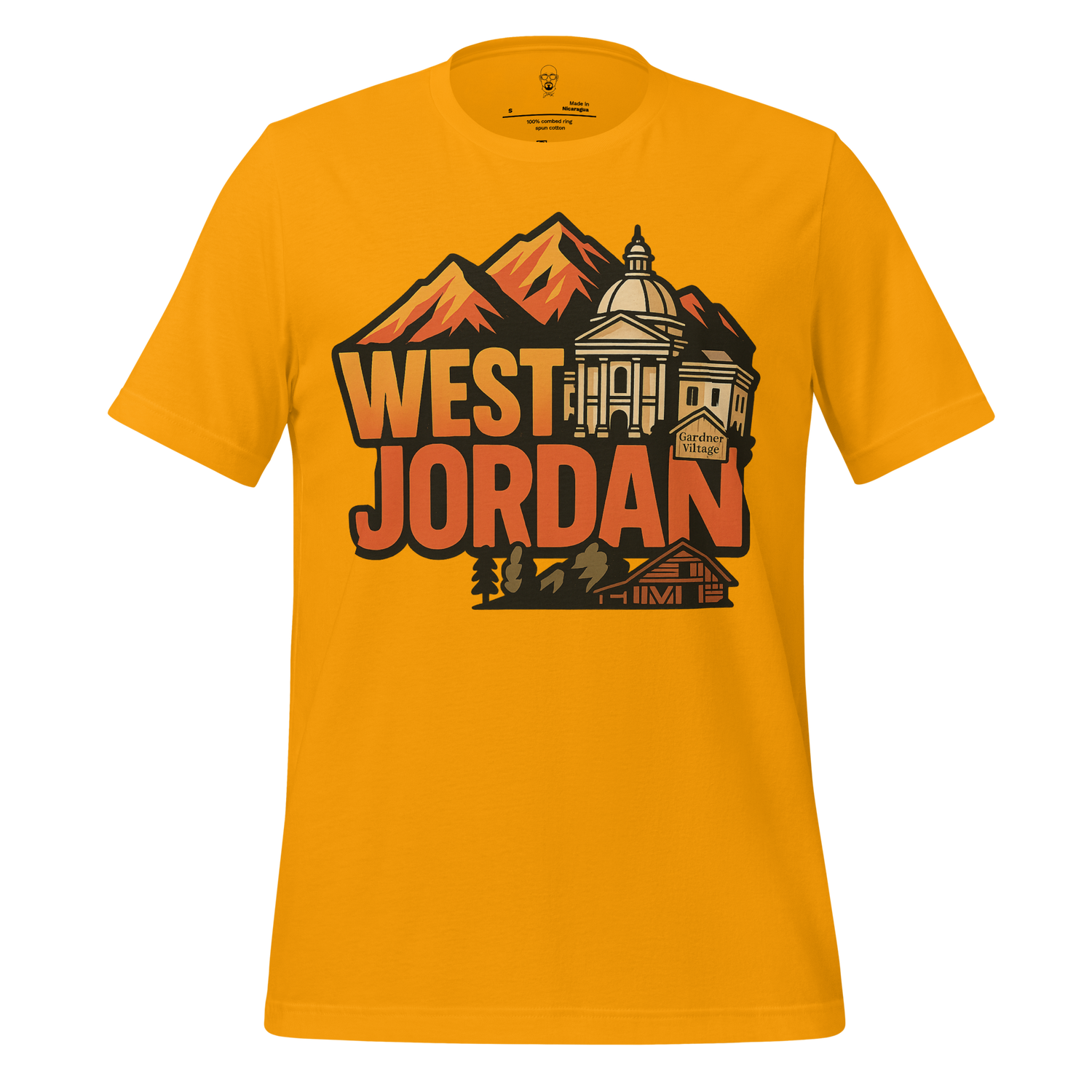 Yellow West Jordan graphic t-shirt featuring mountain and architectural design by JMK Drip