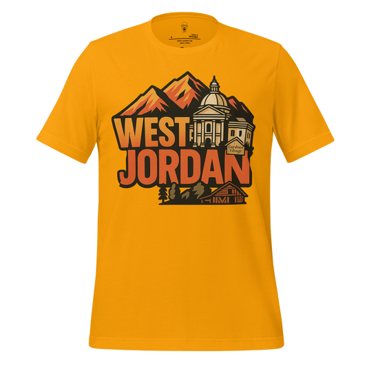 Yellow West Jordan graphic t-shirt featuring mountain and architectural design by JMK Drip