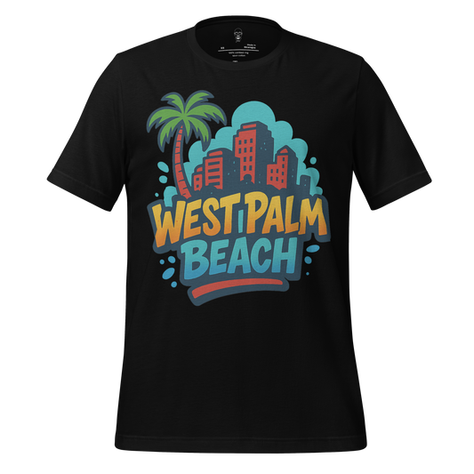 Black West Palm Beach Graphic T-Shirt with colorful cityscape and palm tree design