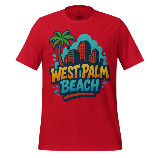 Red West Palm Beach Graphic T-Shirt with palm tree and city skyline design