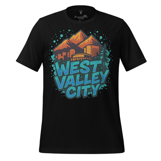 Black JMK Drip West Valley City t-shirt with mountain and city skyline graphic design