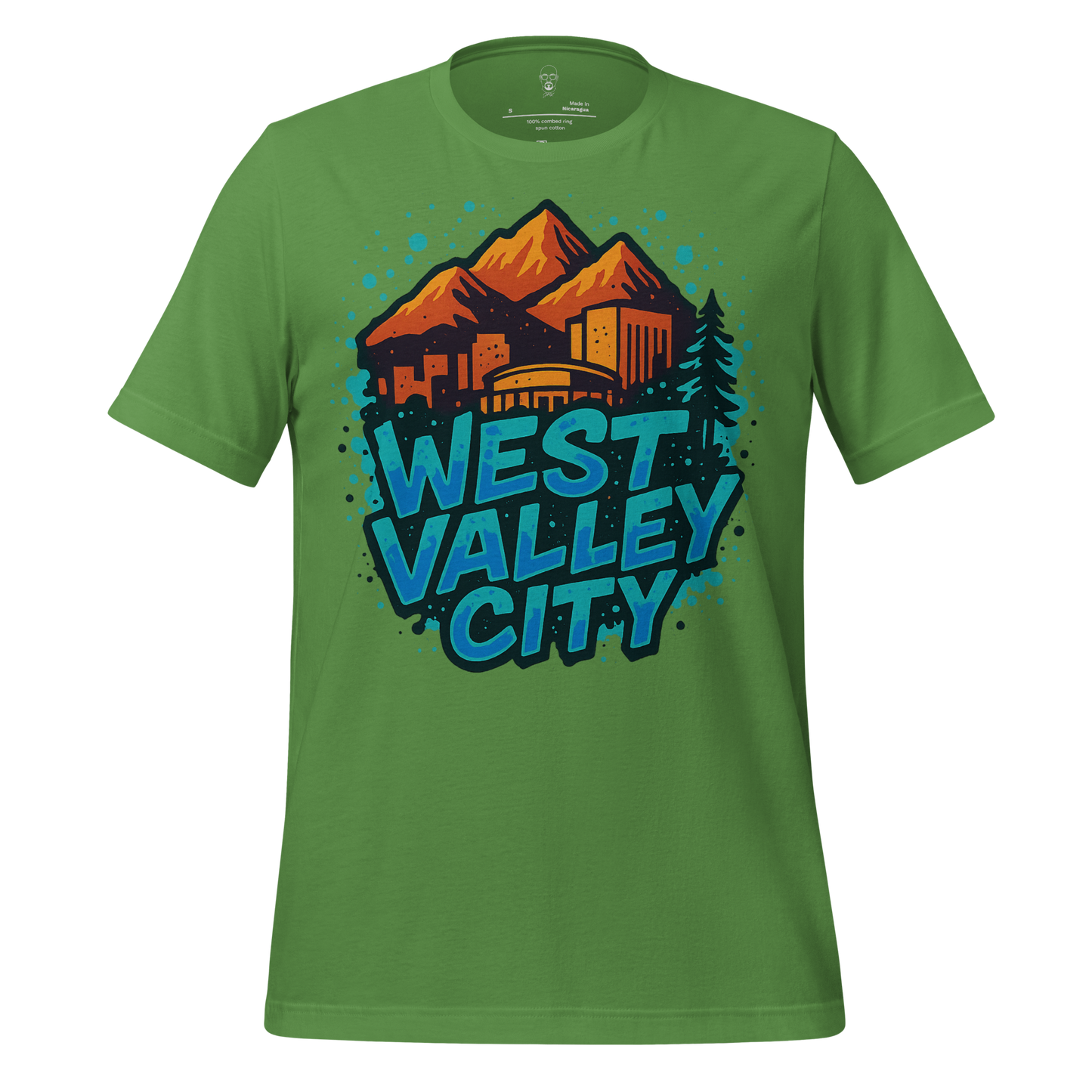 Green West Valley City t-shirt featuring mountain and city skyline graphic by JMK Drip