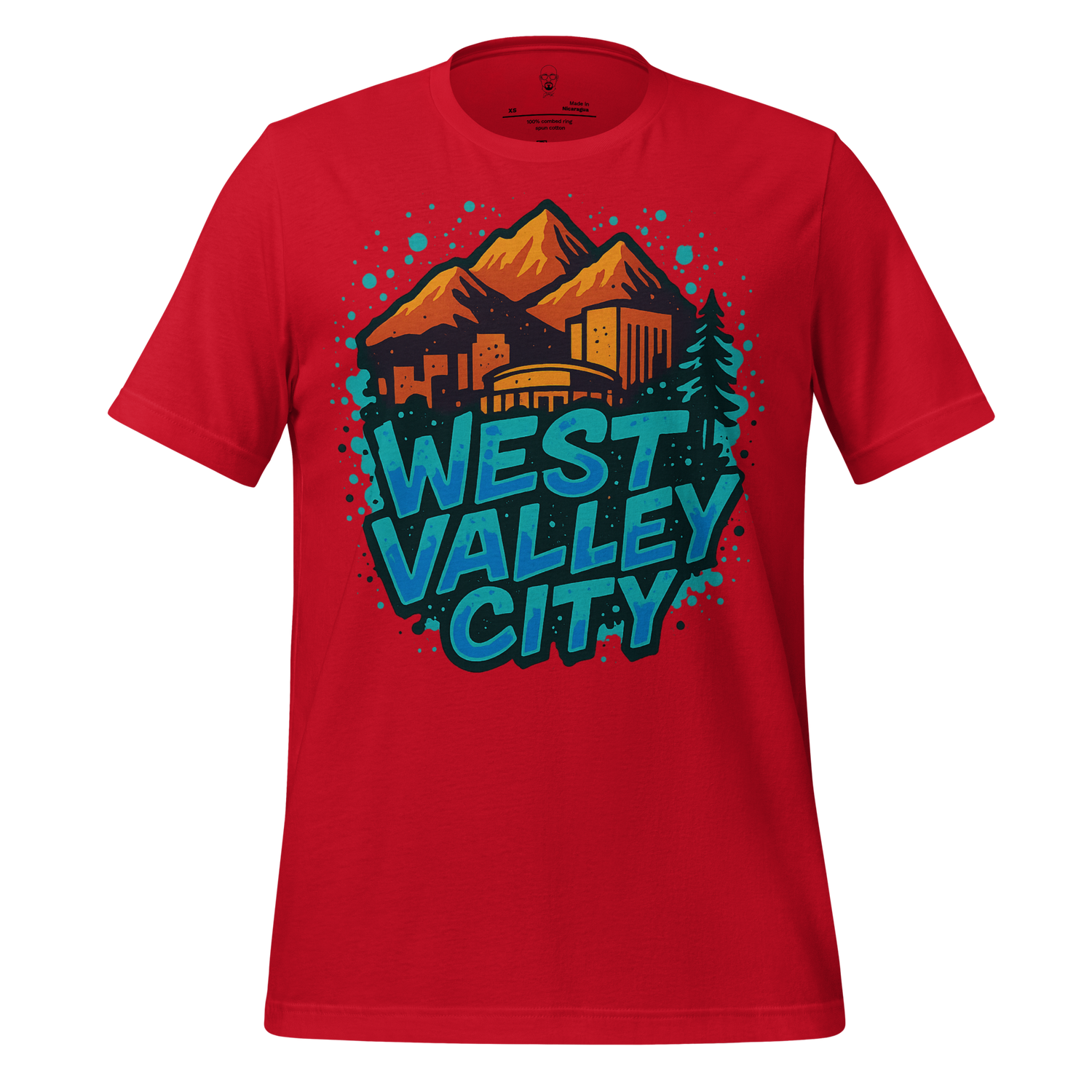 Red West Valley City t-shirt with mountain and city skyline graphic by JMK Drip