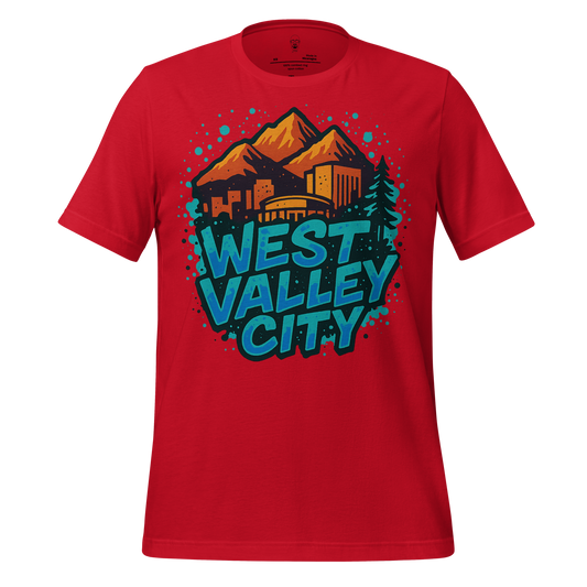 Red West Valley City t-shirt with mountain and city skyline graphic by JMK Drip