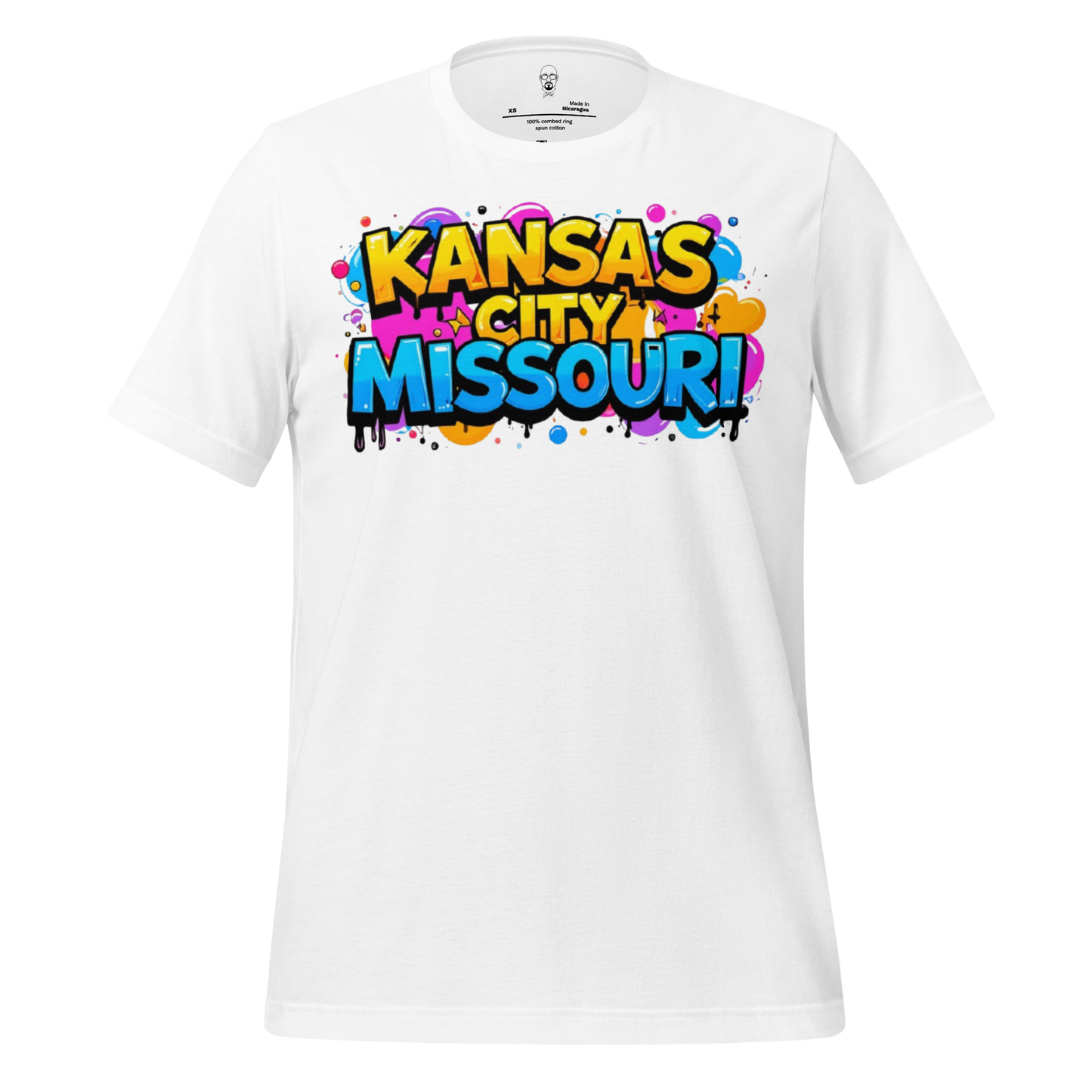 White T-shirt with colorful graffiti design spelling Kansas City, Missouri on front