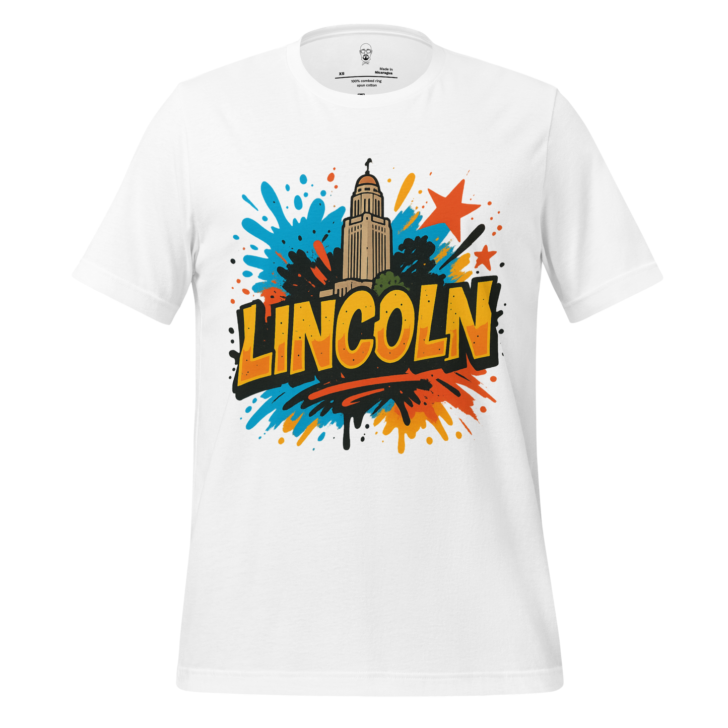 White Lincoln Graphic T-Shirt with colorful splash design and cityscape illustration