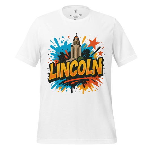 White Lincoln Graphic T-Shirt with colorful splash design and cityscape illustration