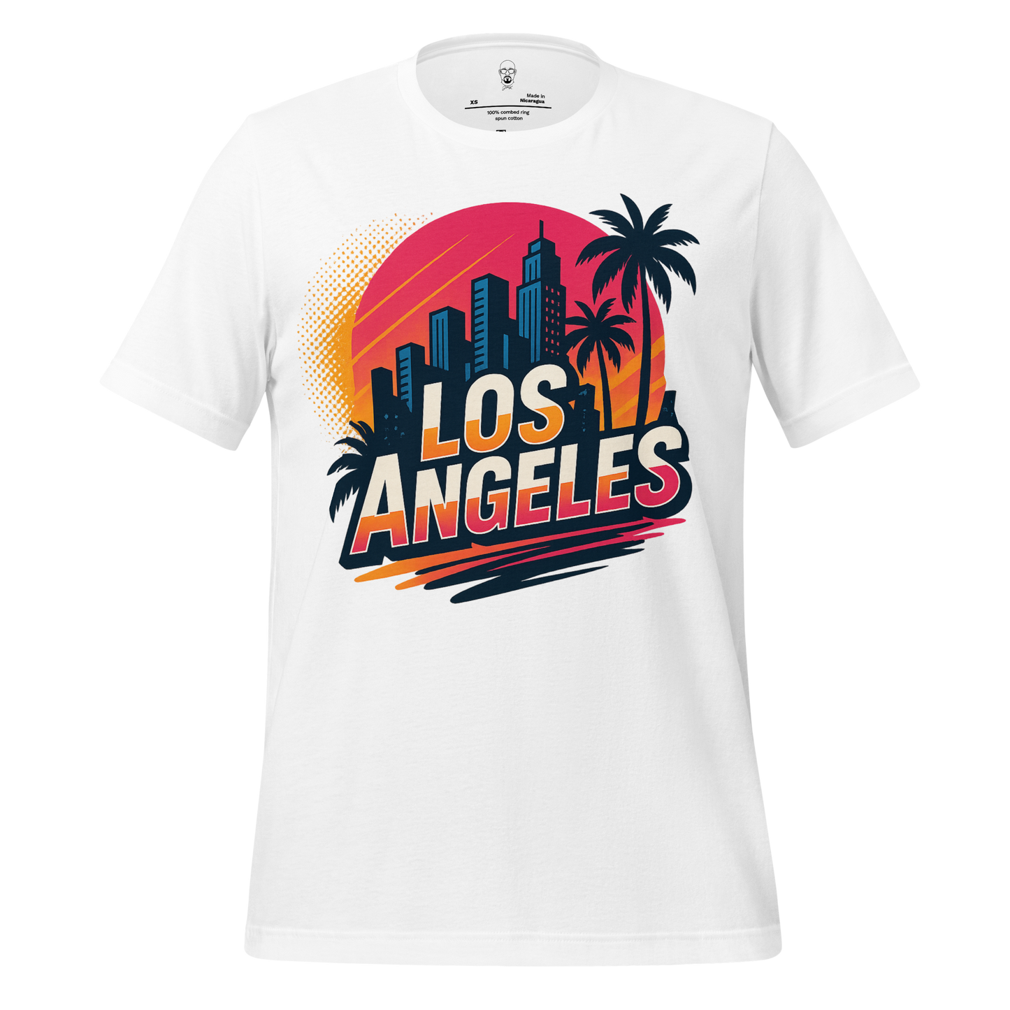 White Los Angeles Graphic T-Shirt featuring city skyline with palm trees and sunset design