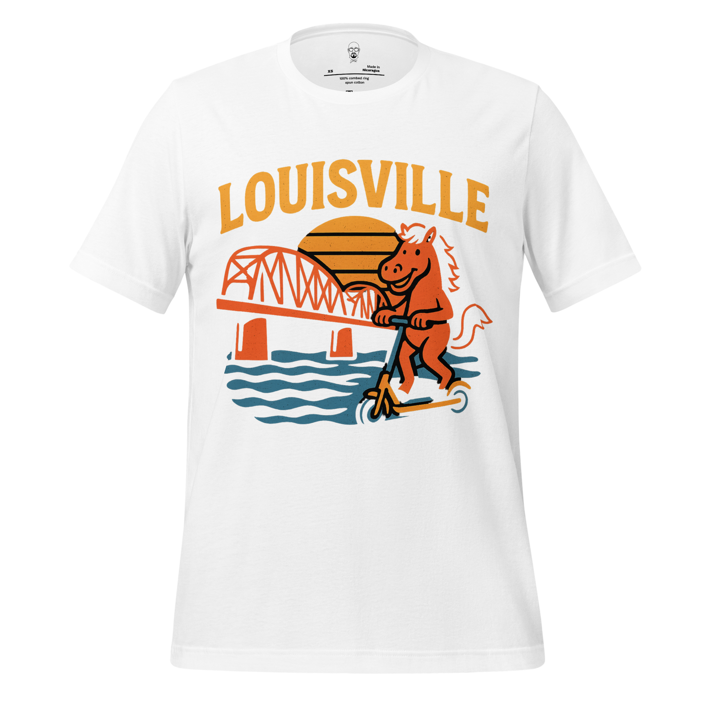 White Louisville graphic t-shirt with cartoon horse riding scooter and bridge design