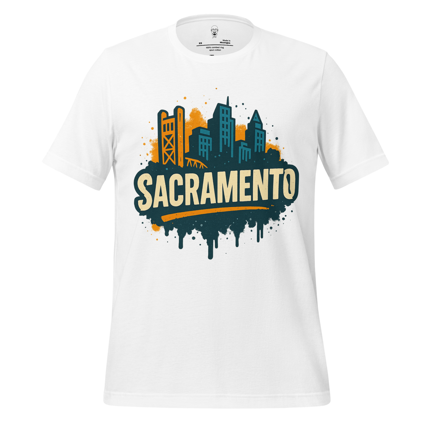 JMK Drip Sacramento Graphic T-Shirt with city skyline and bridge design on white cotton fabric