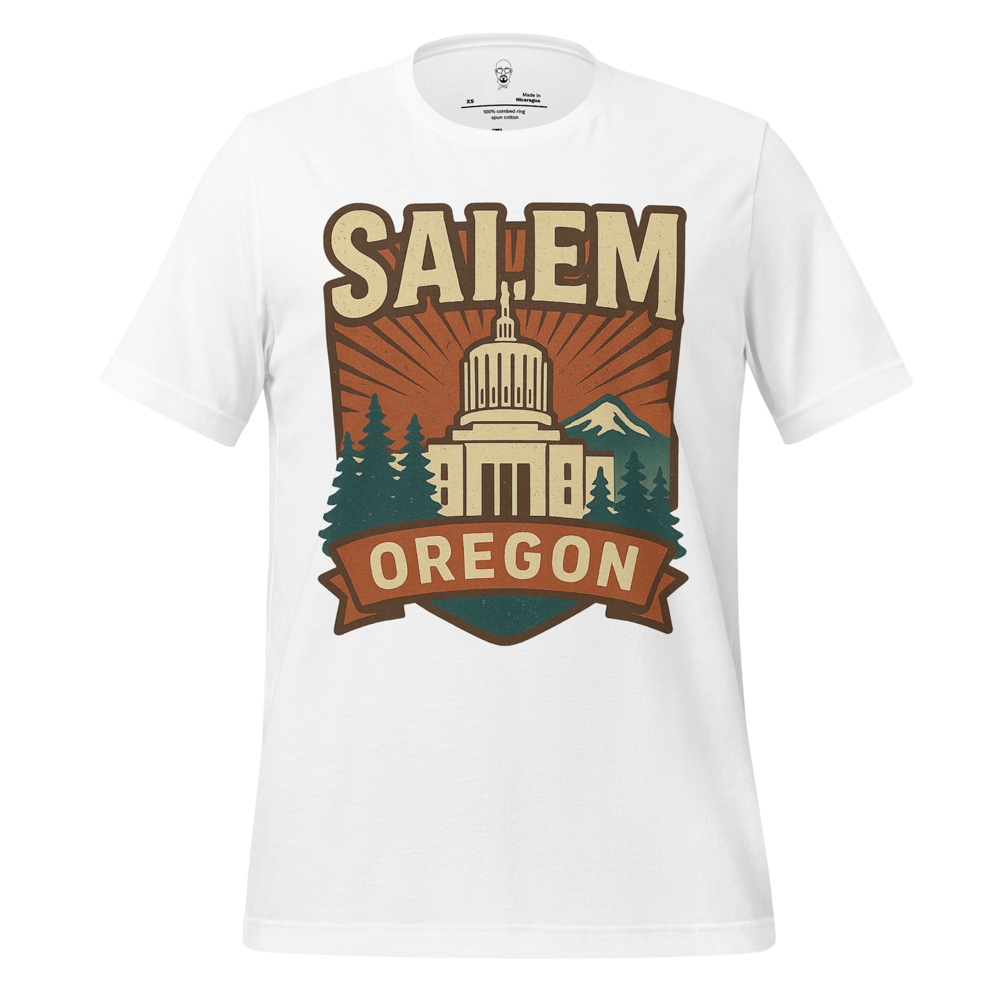 White Salem Graphic T-Shirt by JMK Drip featuring Oregon State Capitol with trees and mountain design