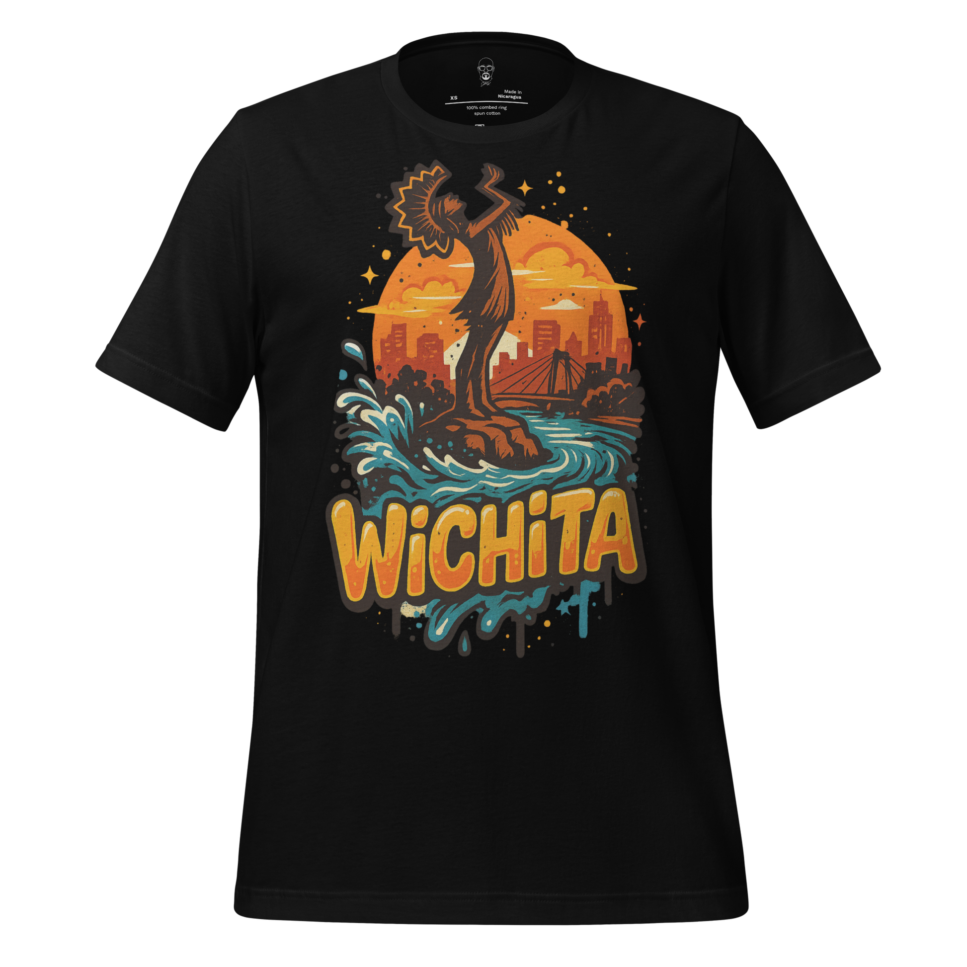 Black Wichita graphic t-shirt by JMK Drip featuring colorful cityscape and iconic statue design