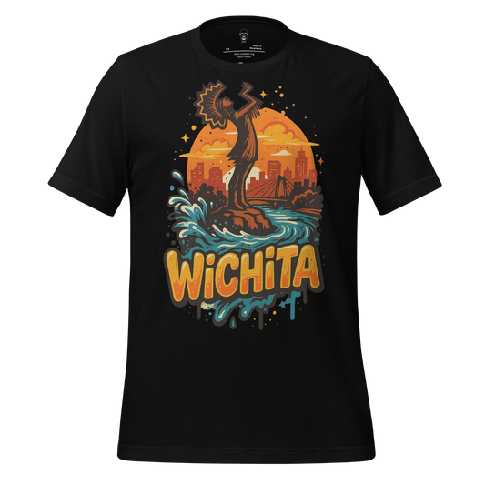 Black Wichita graphic t-shirt by JMK Drip featuring colorful cityscape and iconic statue design