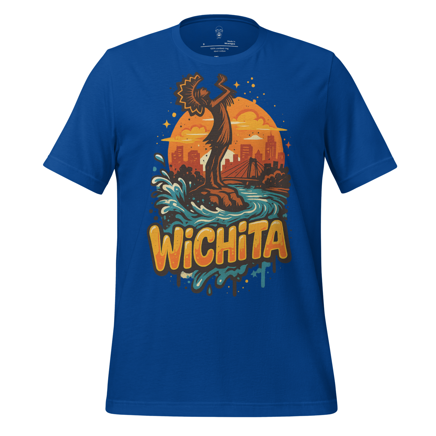 JMK Drip Wichita graphic t-shirt featuring vibrant cityscape and river design on blue fabric