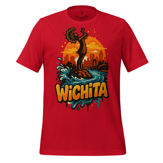 Red Wichita graphic t-shirt by JMK Drip featuring colorful city skyline and iconic statue design