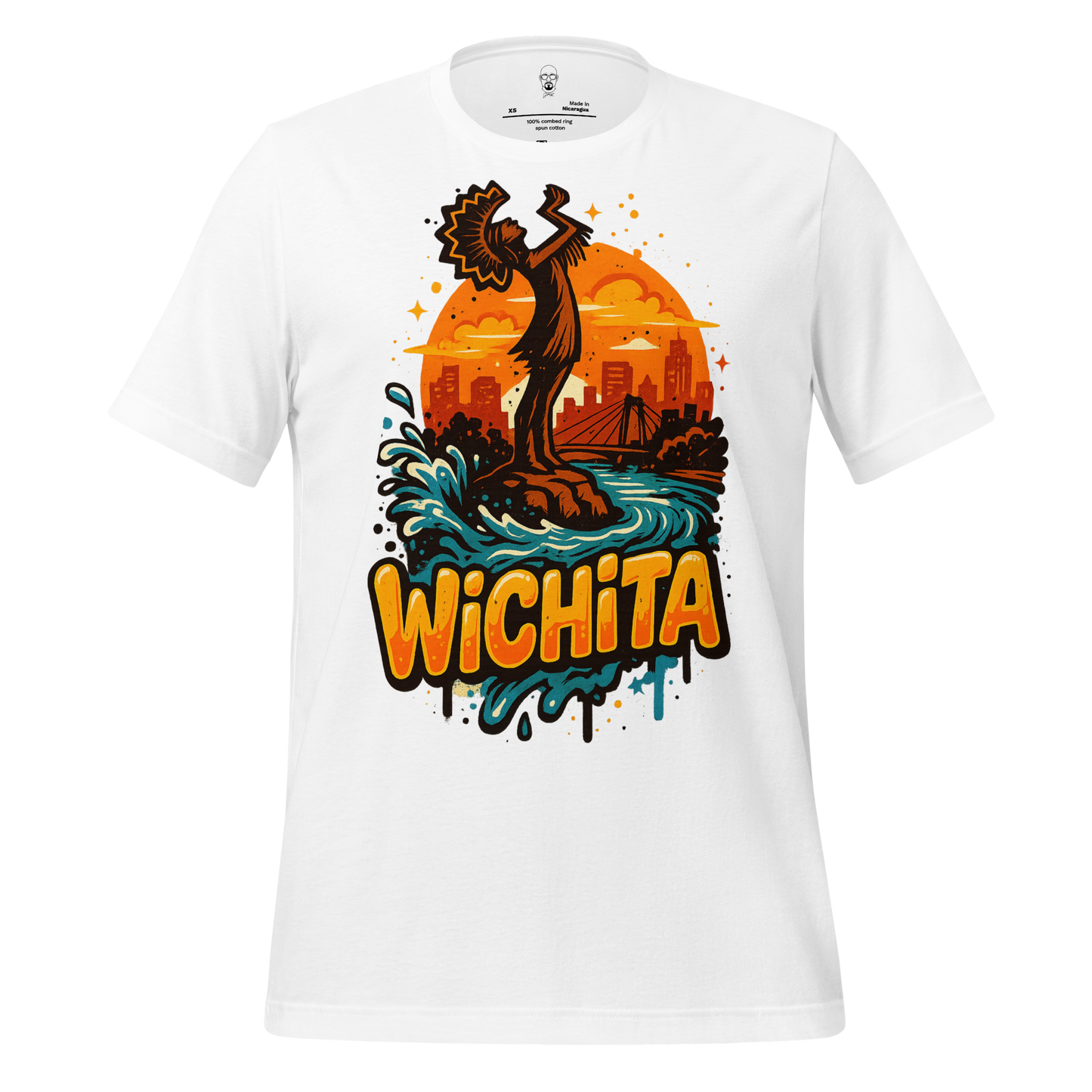 White Wichita graphic t-shirt featuring a colorful cityscape and statue design with sunset background