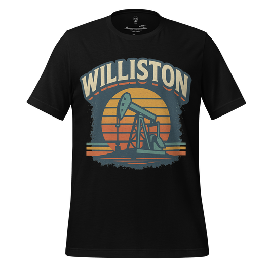 JMK Drip Williston Graphic T-Shirt in black featuring a vintage oil rig design with sunset background
