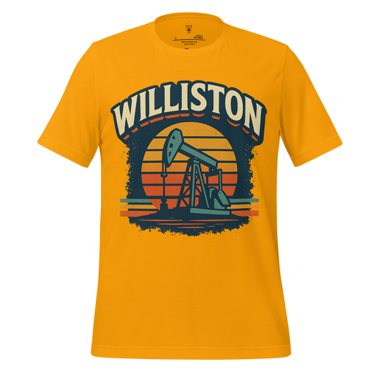 JMK Drip yellow Williston Graphic T-Shirt featuring an oil pump jack design with sunset background