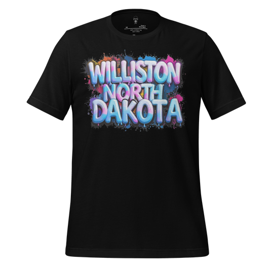 Black JMK Drip Williston North Dakota t-shirt with colorful graffiti style text design
