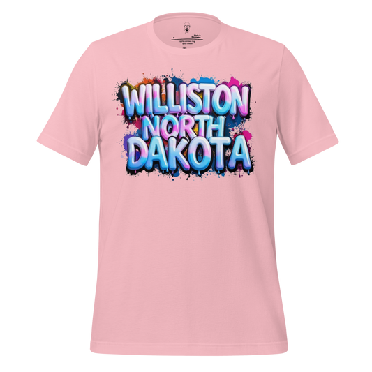 Pink JMK Drip Williston North Dakota t-shirt with colorful graffiti style text design