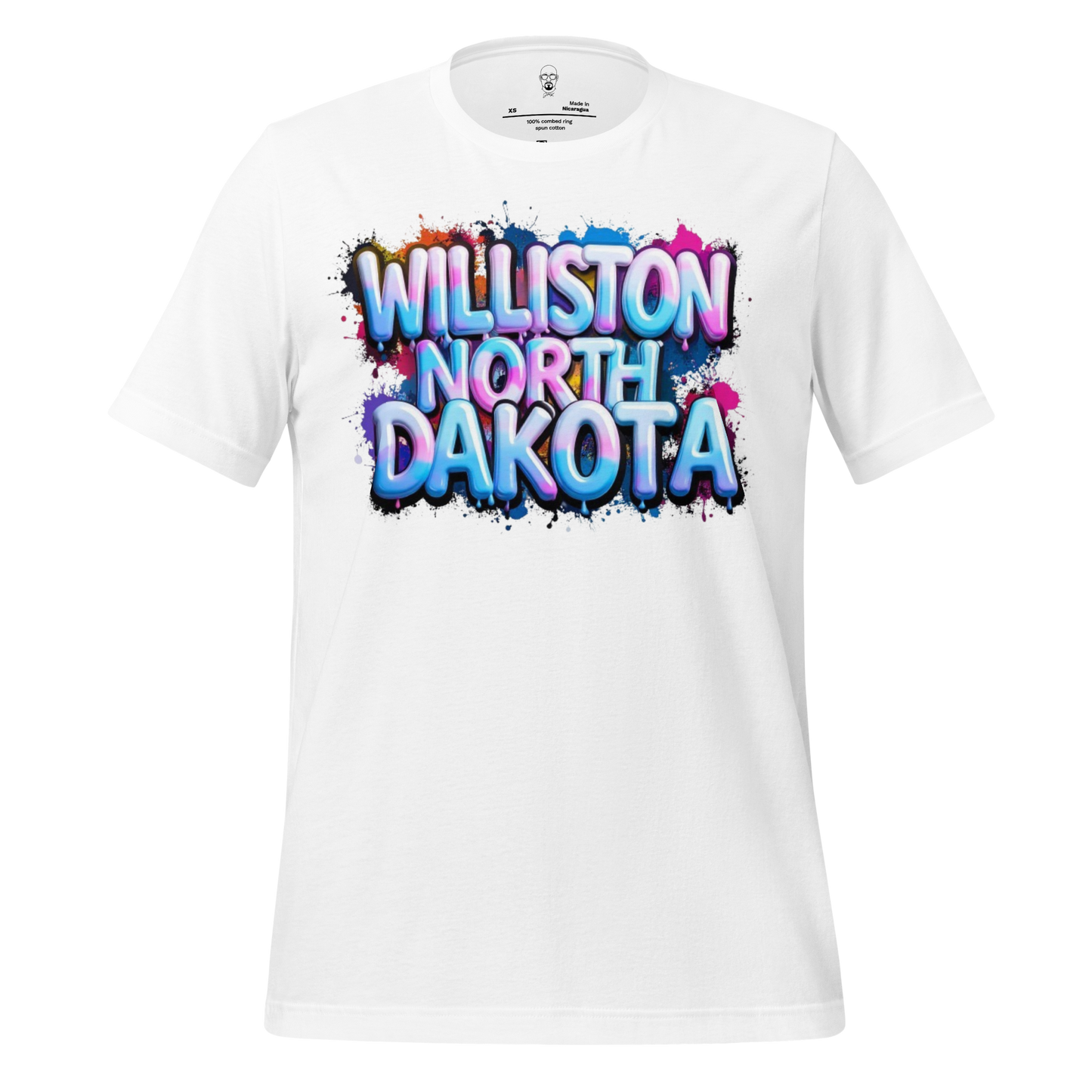 JMK Drip white Williston North Dakota t-shirt with colorful graffiti style text design