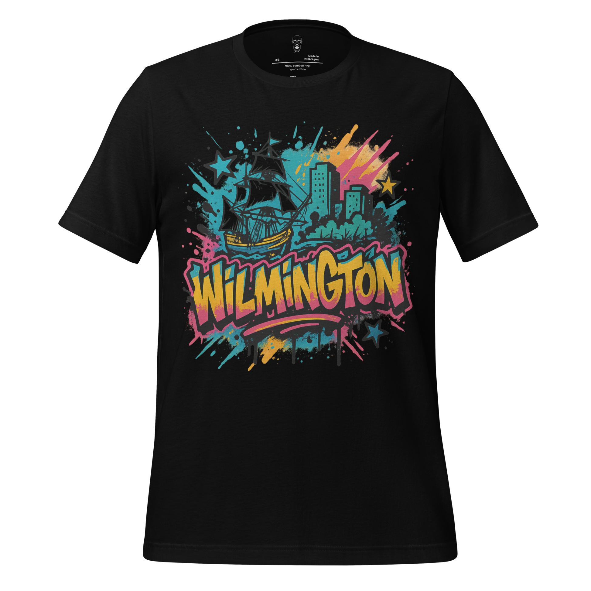 JMK Drip Wilmington Graphic T-Shirt with colorful cityscape and ship design on black fabric