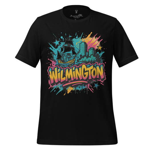JMK Drip Wilmington Graphic T-Shirt with colorful cityscape and ship design on black fabric