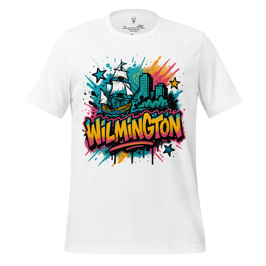 White Wilmington Graphic T-Shirt by JMK Drip featuring colorful ship and cityscape design with bold lettering