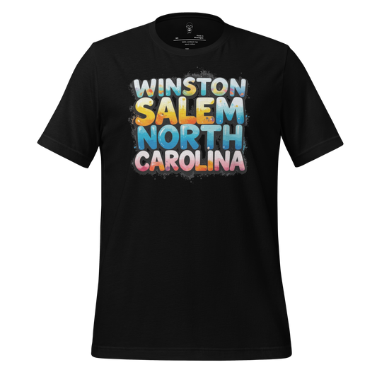 Black Winston Salem t-shirt with colorful text design spelling Winston Salem North Carolina