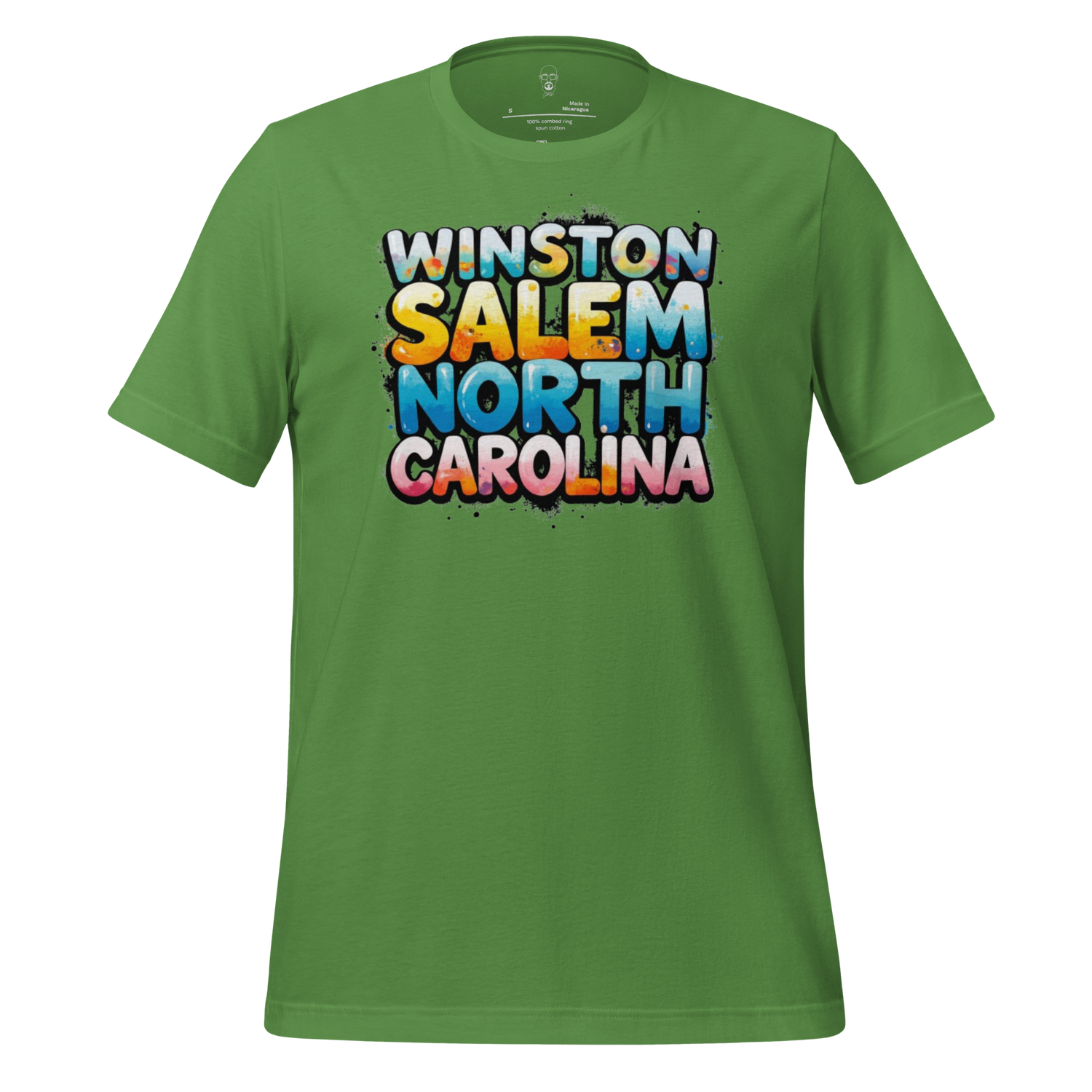 Green Winston Salem t-shirt with colorful bold text design displaying Winston Salem North Carolina