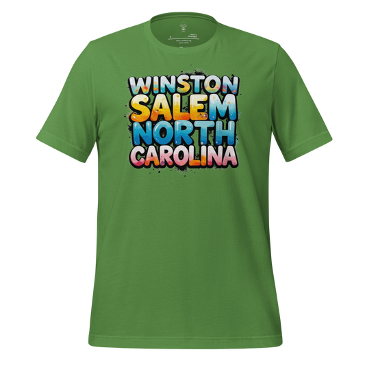 Green Winston Salem t-shirt with colorful bold text design displaying Winston Salem North Carolina