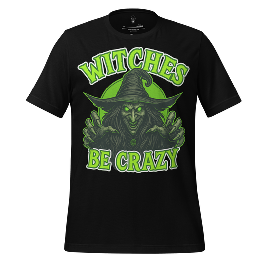 Black JMK Drip witch graphic t-shirt with green glowing witch and Witches Be Crazy text