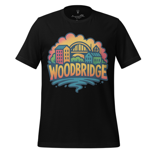Black Woodbridge Graphic T-Shirt by JMK Drip featuring colorful cityscape and bridge design