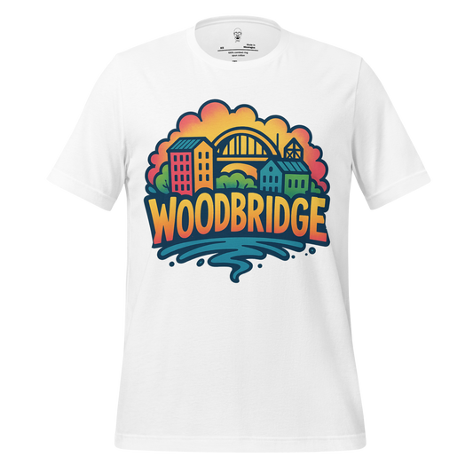 White Woodbridge Graphic T-Shirt by JMK Drip with colorful cityscape and bridge illustration