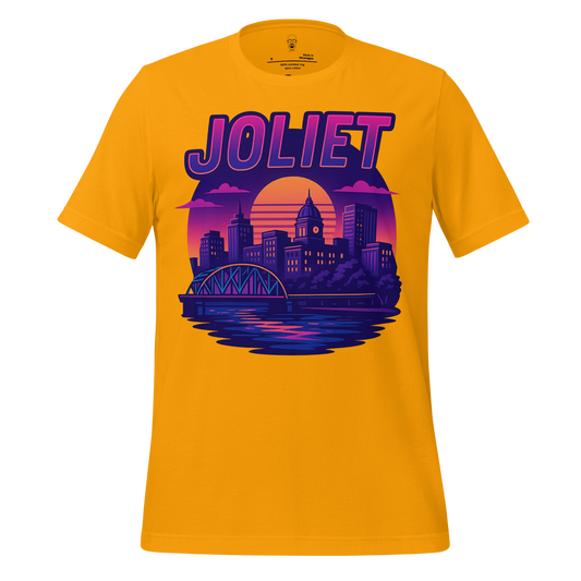 JMK Drip Joliet Graphic T-Shirt with purple and orange cityscape design on yellow fabric