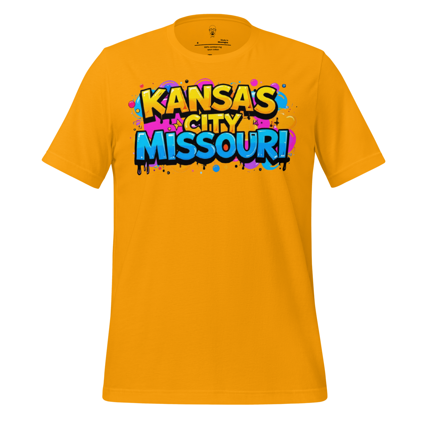 Bright yellow t-shirt featuring colorful Kansas City, Missouri - T-Shirt 3 graffiti style text design