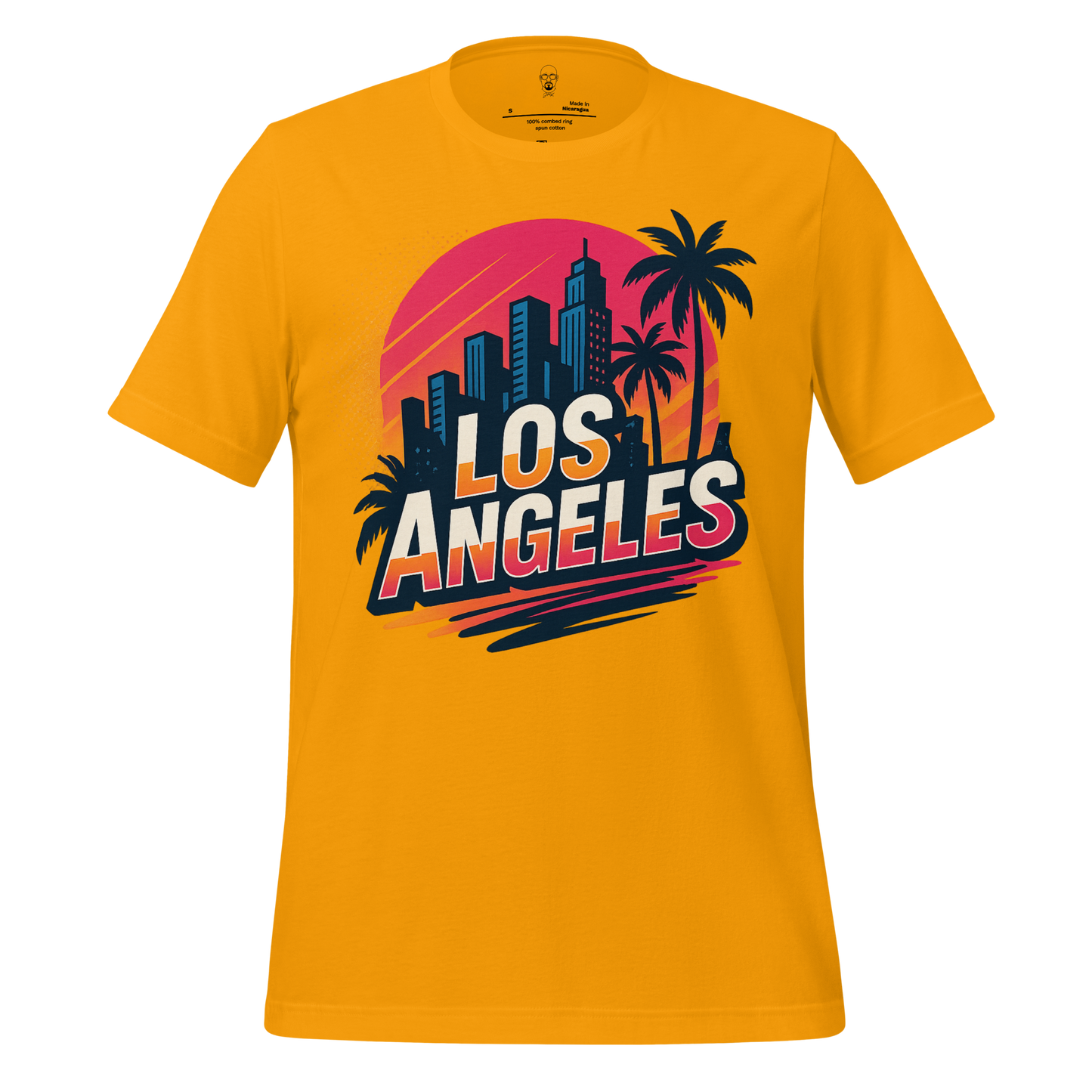 Yellow Los Angeles Graphic T-Shirt with city skyline and palm tree design by JMK Drip