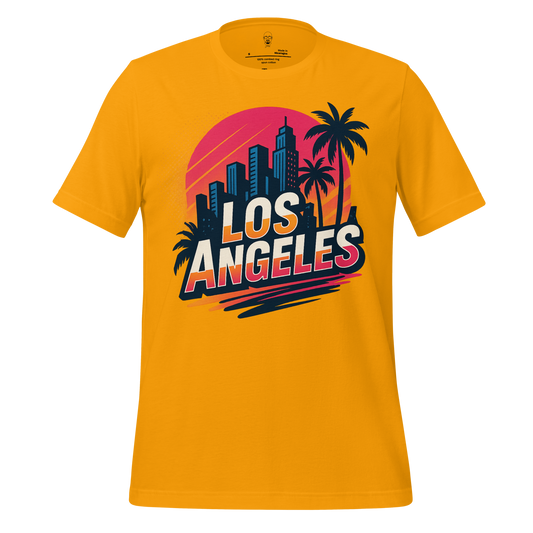 Yellow Los Angeles Graphic T-Shirt with city skyline and palm tree design by JMK Drip