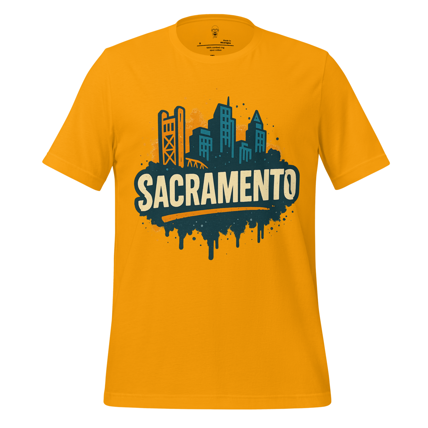 JMK Drip Sacramento Graphic T-Shirt in yellow with blue city skyline and bold Sacramento text