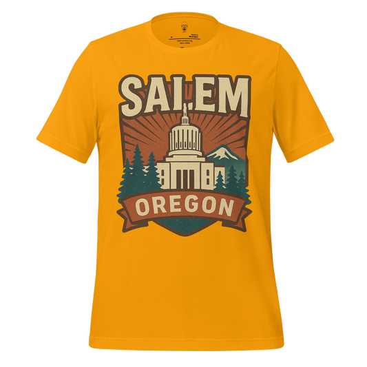JMK Drip Salem Graphic T-Shirt in yellow featuring Oregon Capitol building and scenic design