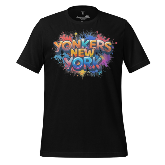Black t-shirt with colorful graffiti style Yonkers New York t-shirt design by JMK Drip