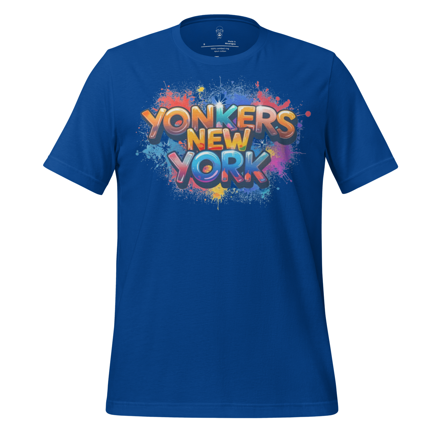 Blue Yonkers New York t-shirt with colorful graffiti-style text design by JMK Drip