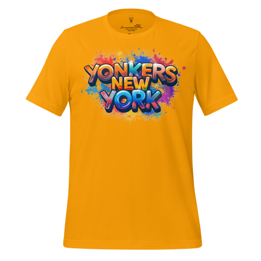 JMK Drip bright yellow Yonkers New York t-shirt with colorful graffiti style text design